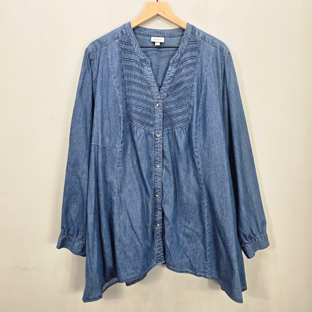 Avenue Button Up Top Blouse 26/28‎ Blue Chambray Pintuck Cottage Peasant Country